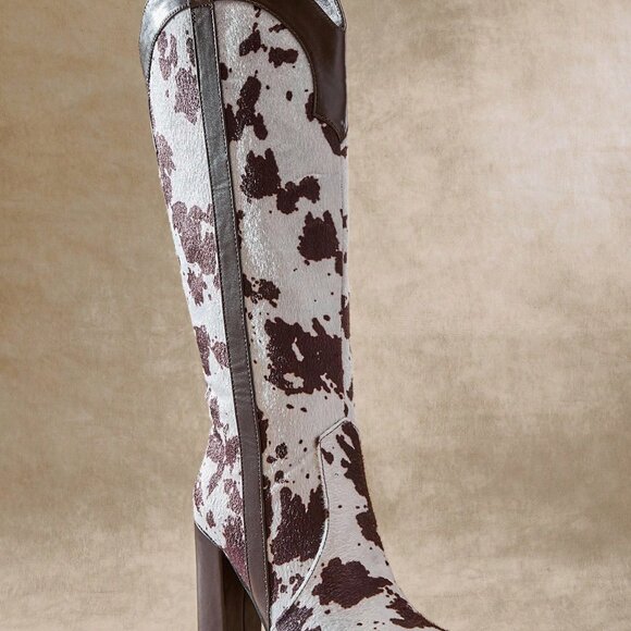 Multicolor Casual Women's Block Heel Snip Toe Cow Print Tall Western Boots - Picture 5 of 7